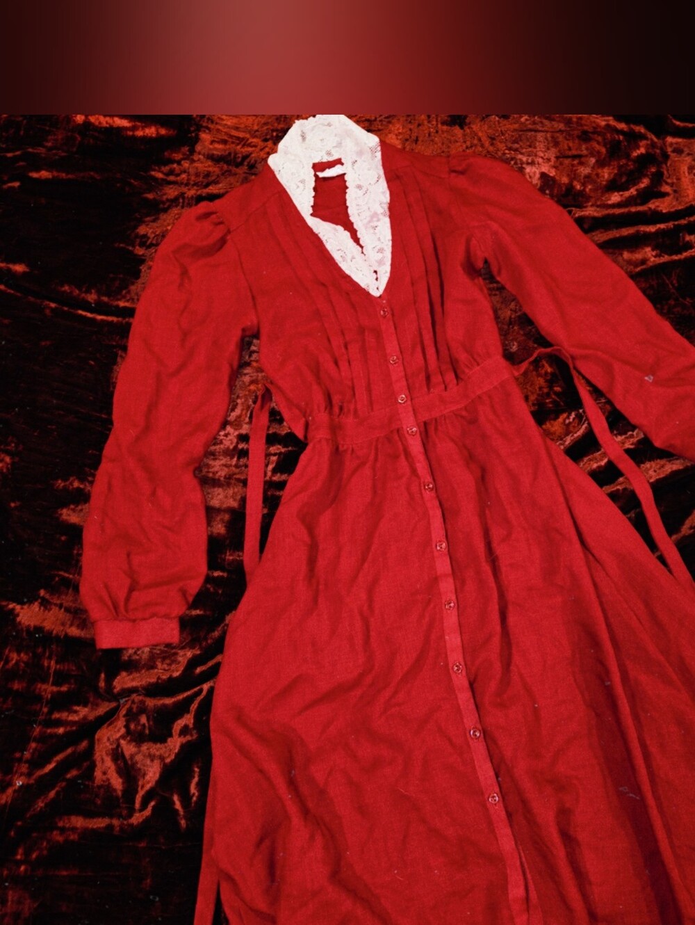 Gunne Sax Red Lace-Collar Button-Front Dress Prairie Lace Hippie 70s